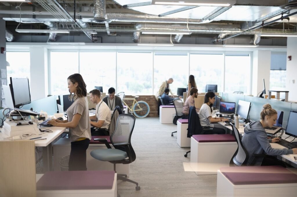 people working in an open office